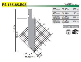 PS135.85.R08 PUNCH 85° R=0,8 H=135 L=835