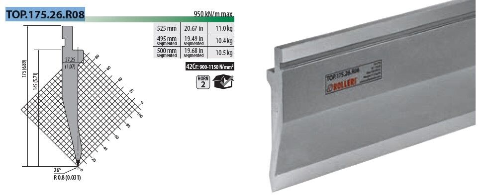 TOP.175.26.R08 PUNCH 26° R=0.8, H=175,L=520=2y260mm(42CrMo4) ROL1
