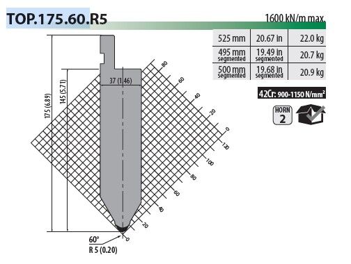 TOP.175.60.R5 PUNCH 60°, R=5 mm, H=175, L=495 mm Sect. (42CrMo4)