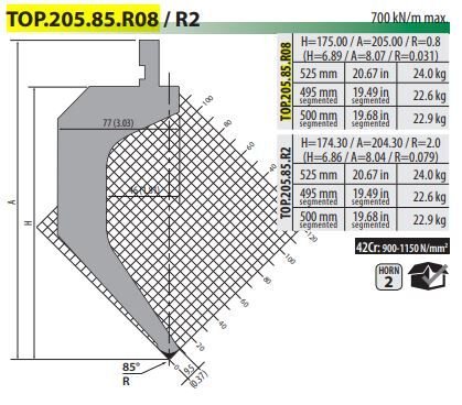 TOP.205.85.R08 PUNCH 85° R=0,8 H=175 L=495MM SECT. (42CRMO4)