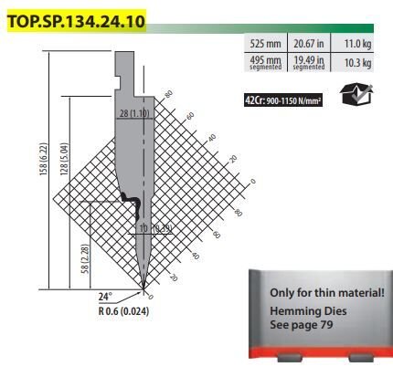 TOPSP.134.24.10 HEMMING PUNCH  H=158/24°/ R=0.6/L=525 MM
