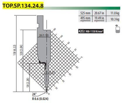 TOPSP.134.28.8 PUNCH MOVING DIE=8mm  H=158/28°/ R=0.6/L=525 mm