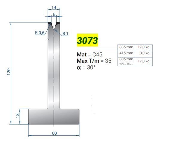 3073 EUROSTAMP SINGLE-V DIE V6 30° H120 L835