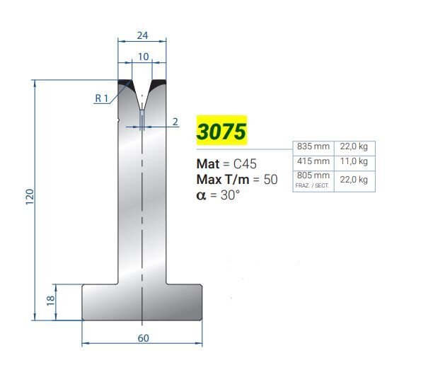 3075 V=10 / 30 / H=120 ALT KALIP L=835 mm