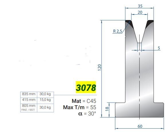 3078 MATRICE V=20 / 30 / H=120 ALT KALIP L=835 mm