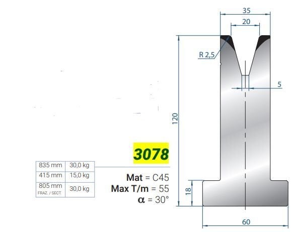 3078 MATRICE V=20 / 30 / H=120 ALT KALIP L=835 mm
