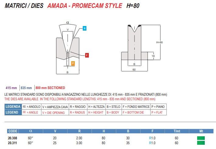 20.308 MATRICI / DIES AMADA - PROMECAM STYLE H=80