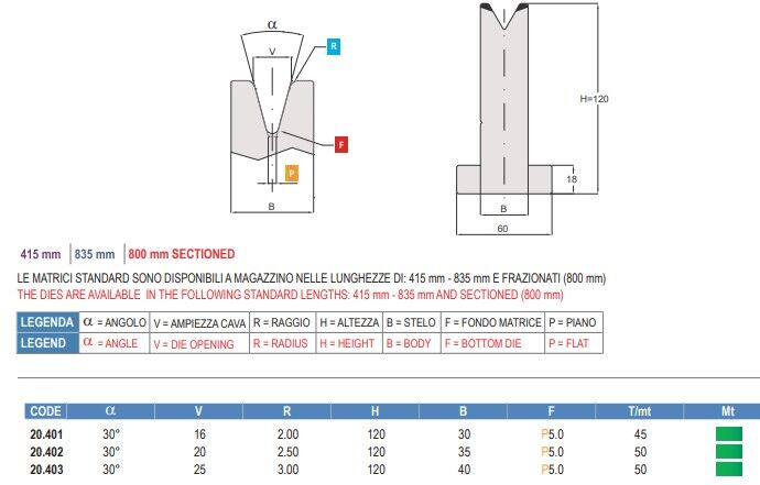 20.401 MATRICI / DIES AMADA - PROMECAM STYLE H=120