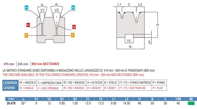20.478 MATRICI / DIES AMADA - PROMECAM STYLE 2V - H=46