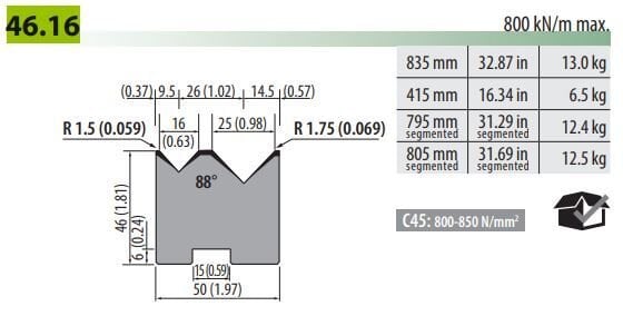 46-16-C 2 V SELF-CENT. DIES V=16-25,88° H=46, L=415mm