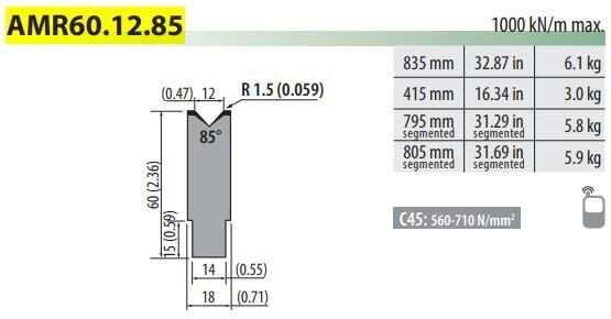 AMR60-12-85 AMADA TYPE DIE V=12, 85°, H=60, L=835 mm