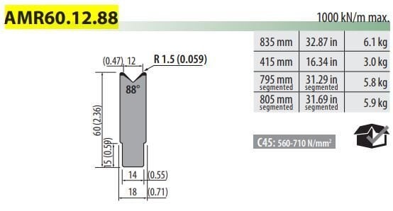 AMR60-12-88-C AMADA TYPE DIE V=12, 88°, H=60, L=415 mm
