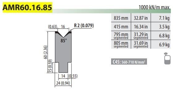 AMR60-16-85 AMADA TYPE DIE V=16, 85°, H=60, L=835 mm