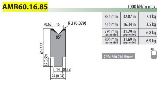 AMR60-16-85 AMADA TYPE DIE V=16, 85°, H=60, L=835 mm