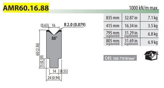 AMR60-16-88 AMADA TYPE DIE V=16, 88°, H=60, L=835 mm