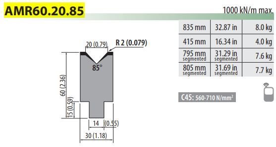 AMR60-20-85-F AMADA TYPE DIE V=20, 85°, H=60, L=805 mm Sect.