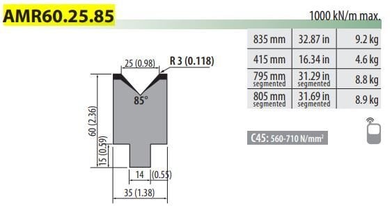 AMR60-25-85-C AMADA TYPE DIE V=25, 85°, H=60, L=415 mm